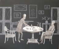 Лебедева Ксения. 17 лет Ссора двух гениев. 2021 г. Коллаж, тушь, линер. Преподаватель  Ю.В.Ефимова